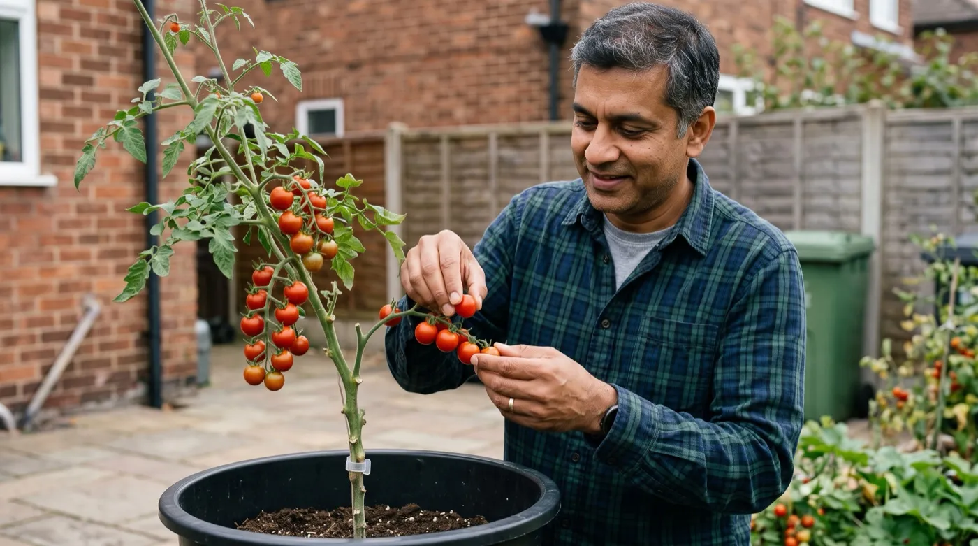 Gardener picking ripe cherry tomatoes from a grafted TomTato plant in a suburban UK back garden