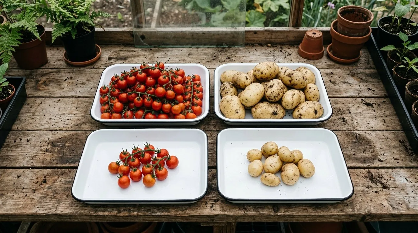 Harvest trays comparing the smaller TomTato crop against larger crops from separate tomato and potato plants