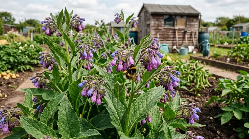 Bocking 14 comfrey bed in full purple flower in a UK allotment in mid-June with a foraging bumblebee on one bloom