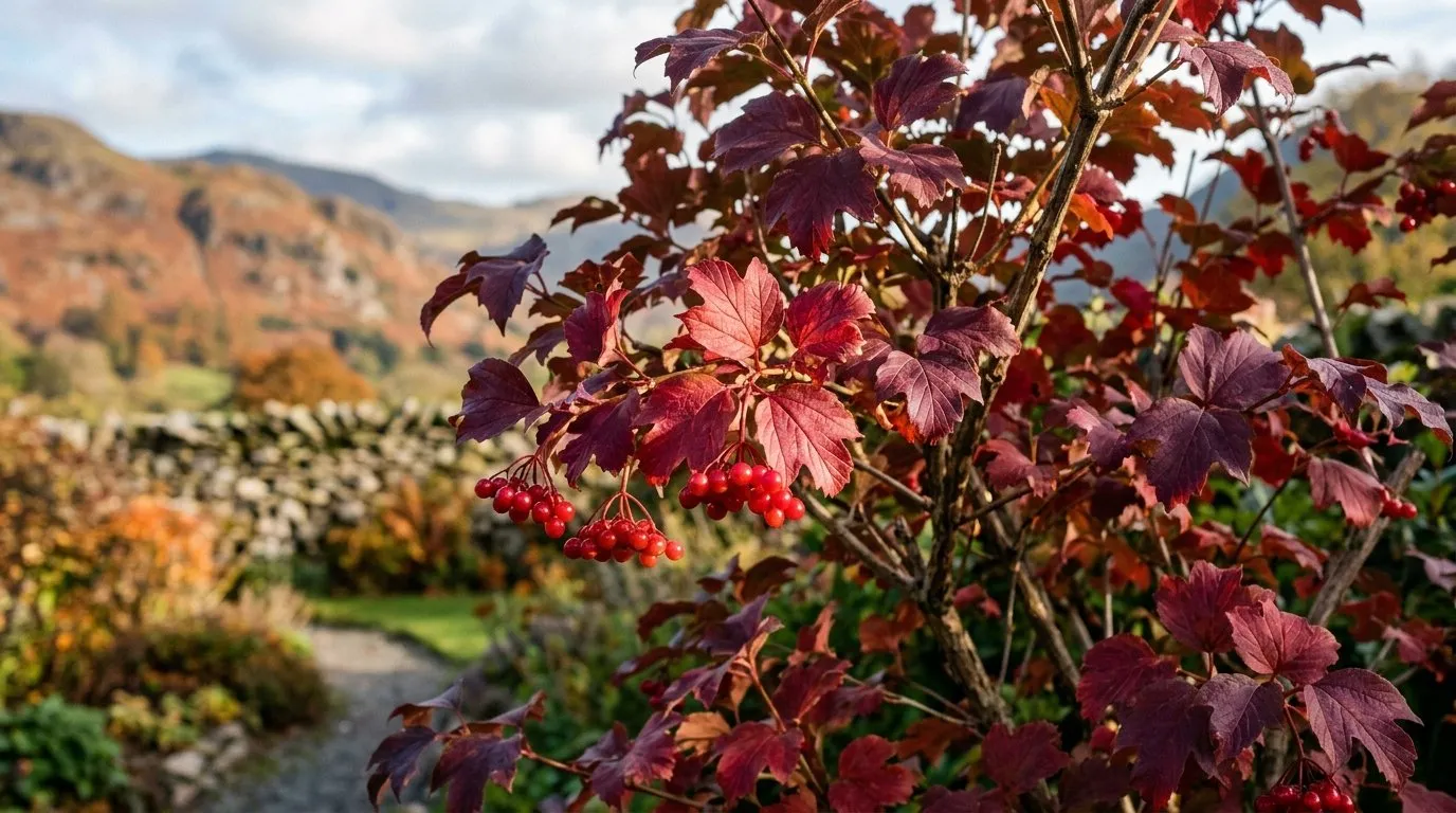 Wine-red guelder rose autumn foliage glowing in a Lake District garden in October