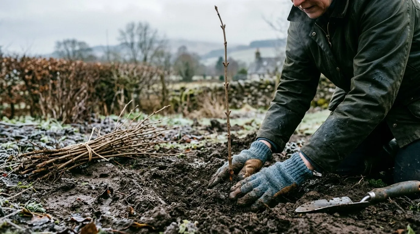 Bare-root guelder rose whips being planted into winter soil, gloved hands firming the roots