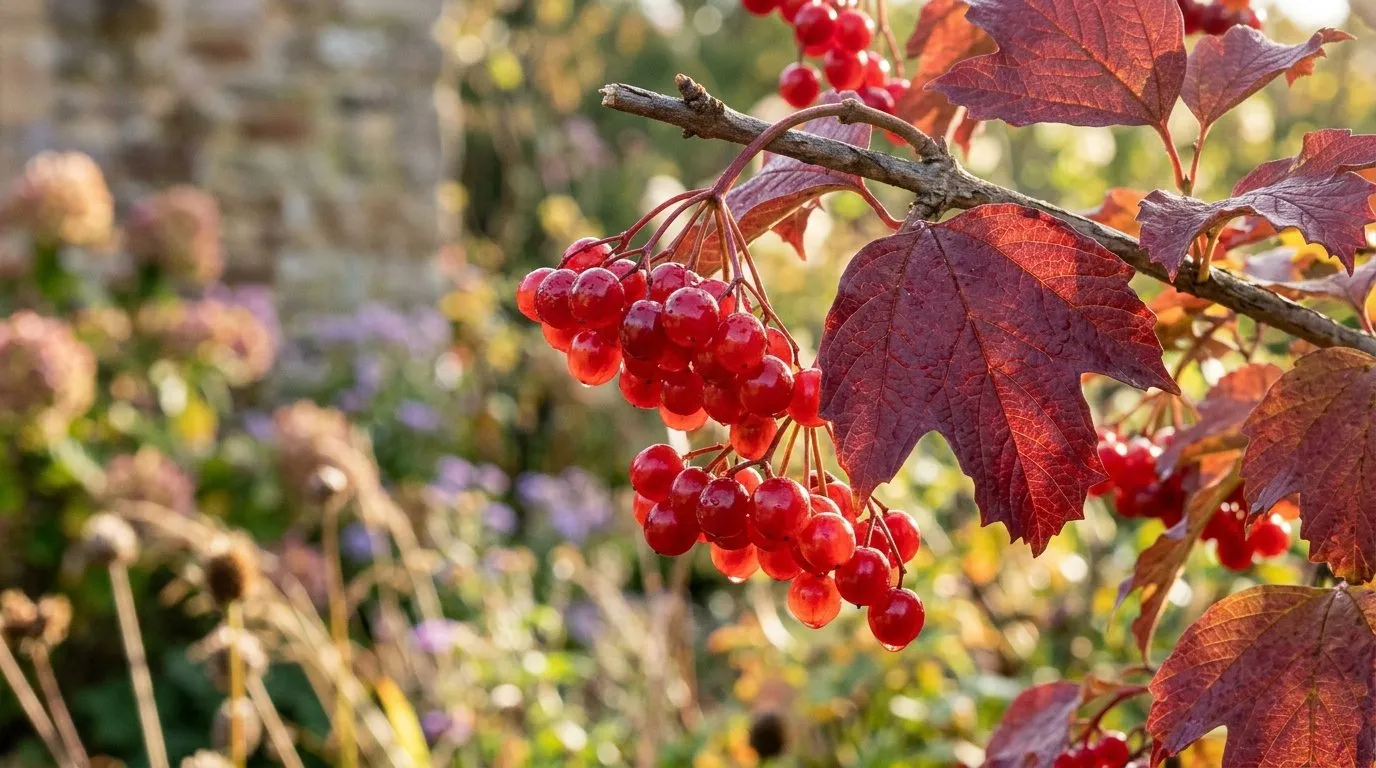 Guelder rose berries in translucent red clusters with wine-red autumn foliage on the shrub