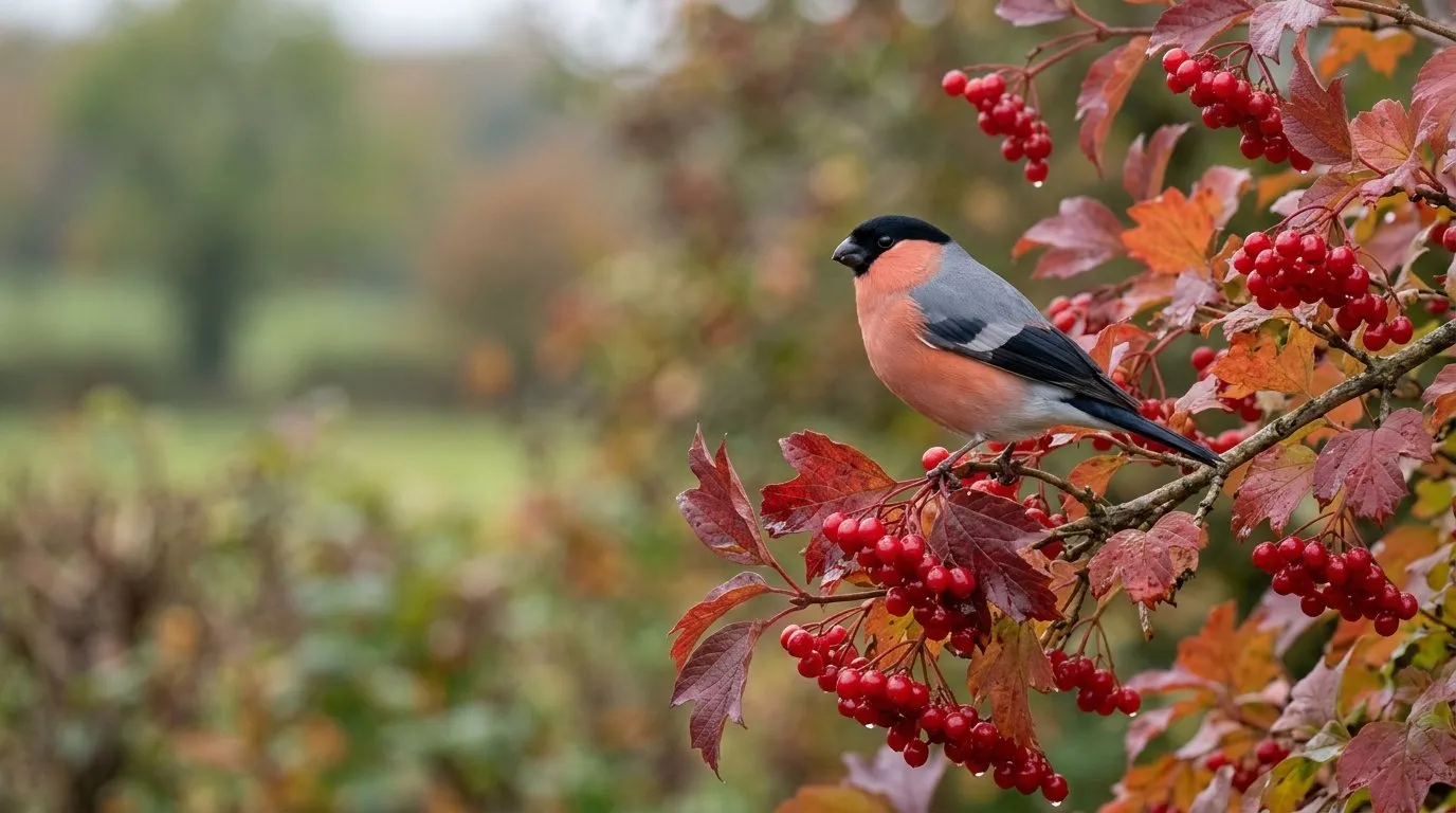 A bullfinch perched on a guelder rose branch heavy with red berries in autumn