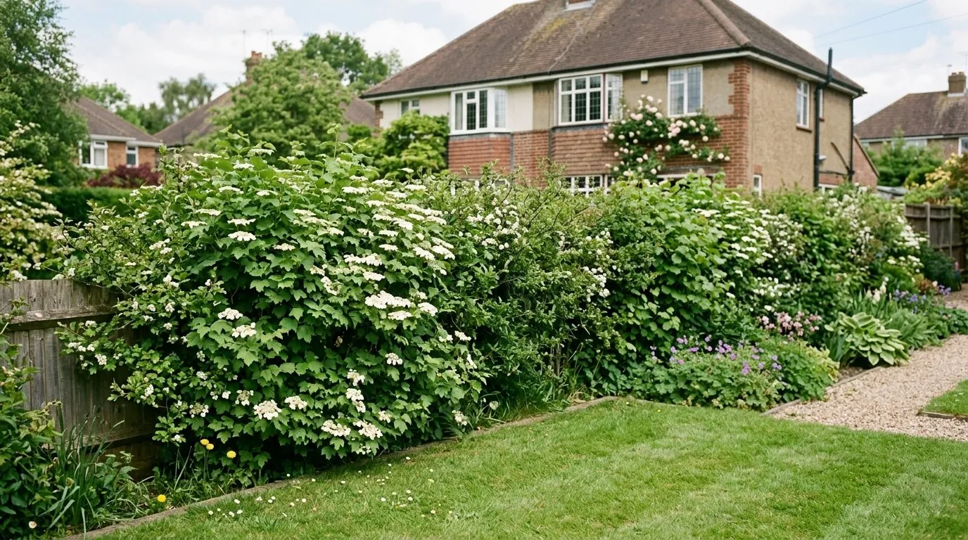 Guelder rose growing in a mixed native hedge along a suburban garden boundary