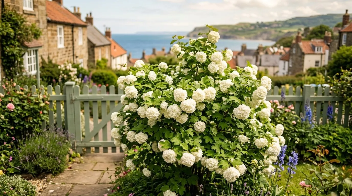 Roseum snowball guelder rose in full white bloom in a cottage front garden