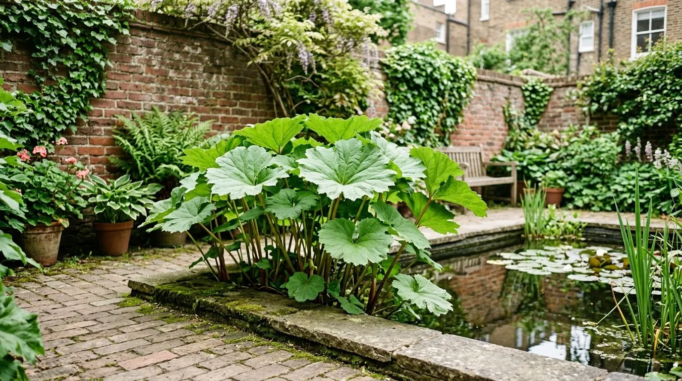 Darmera peltata round leaves at the edge of a small city-garden pond, a compact gunnera alternative
