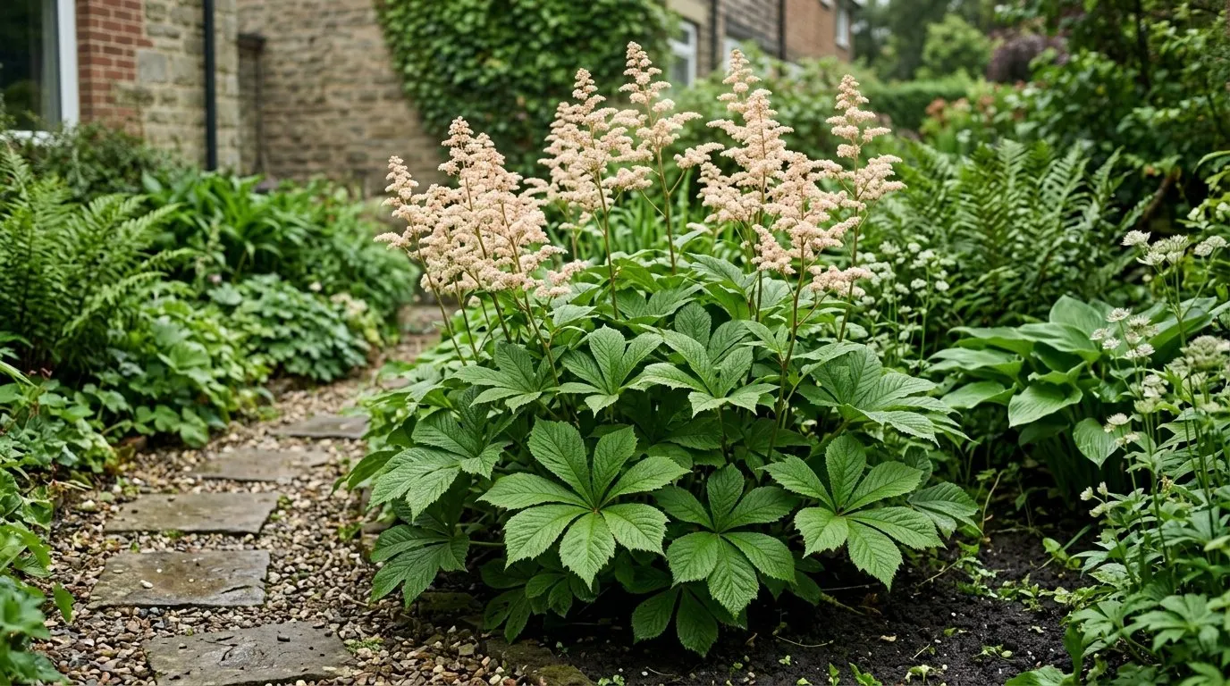 Rodgersia with horse-chestnut leaves in a suburban bog border, a legal big-leaf alternative to gunnera