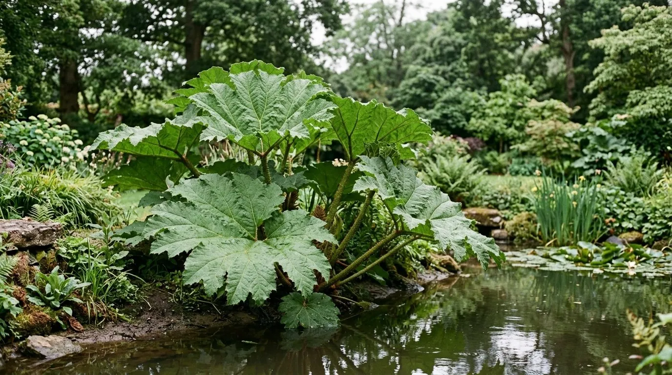 Giant gunnera with leaves up to two metres across beside a pond in a large rural UK garden