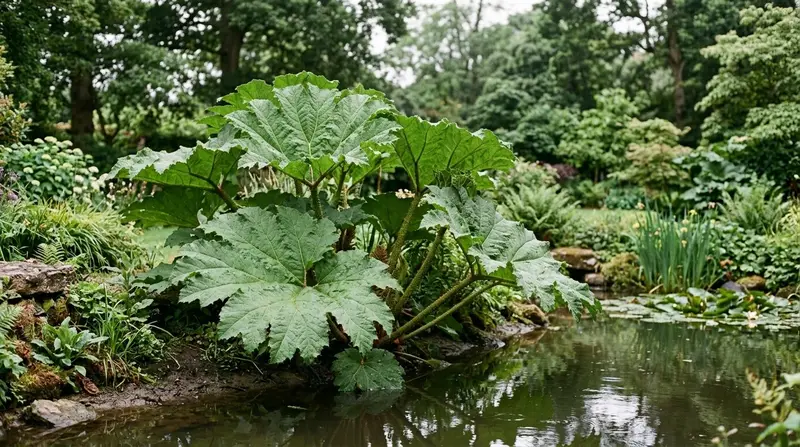 Giant gunnera plant with leaves up to two metres across beside a pond in a large UK garden