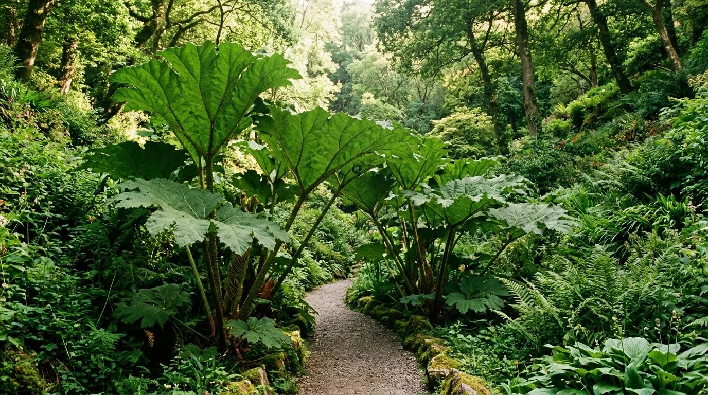 Enormous gunnera specimen towering over a path in a Cornish valley garden in high summer