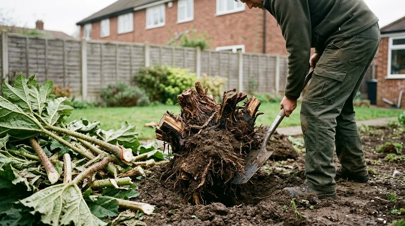 Gunnera crown being dug out with a spade on a suburban plot, soil and cut stems piled to one side
