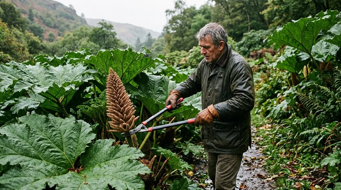 Gardener deadheading a gunnera flower spike with loppers, wearing thick gloves, in a Welsh valley garden