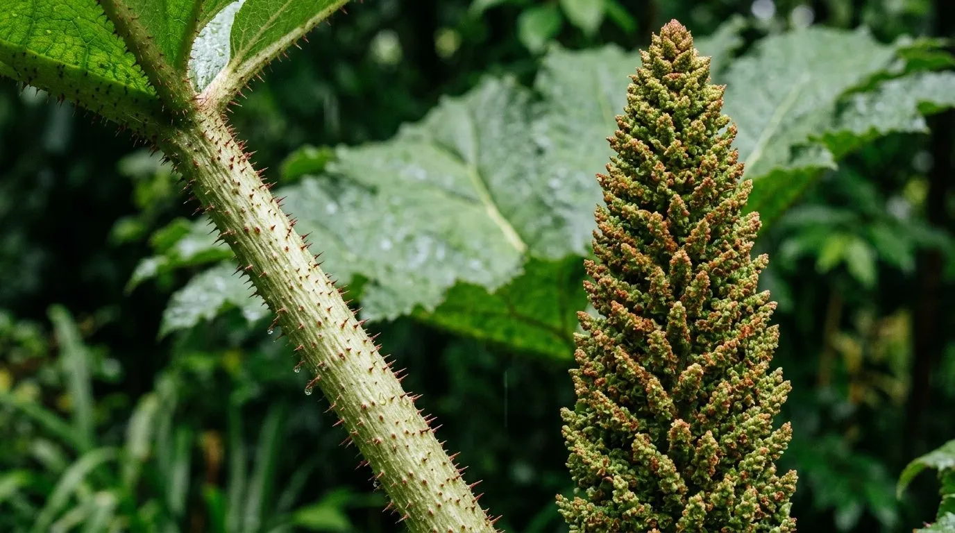 Close-up of a thick prickly gunnera stem and conical green-red flower spike in a Cornish valley garden