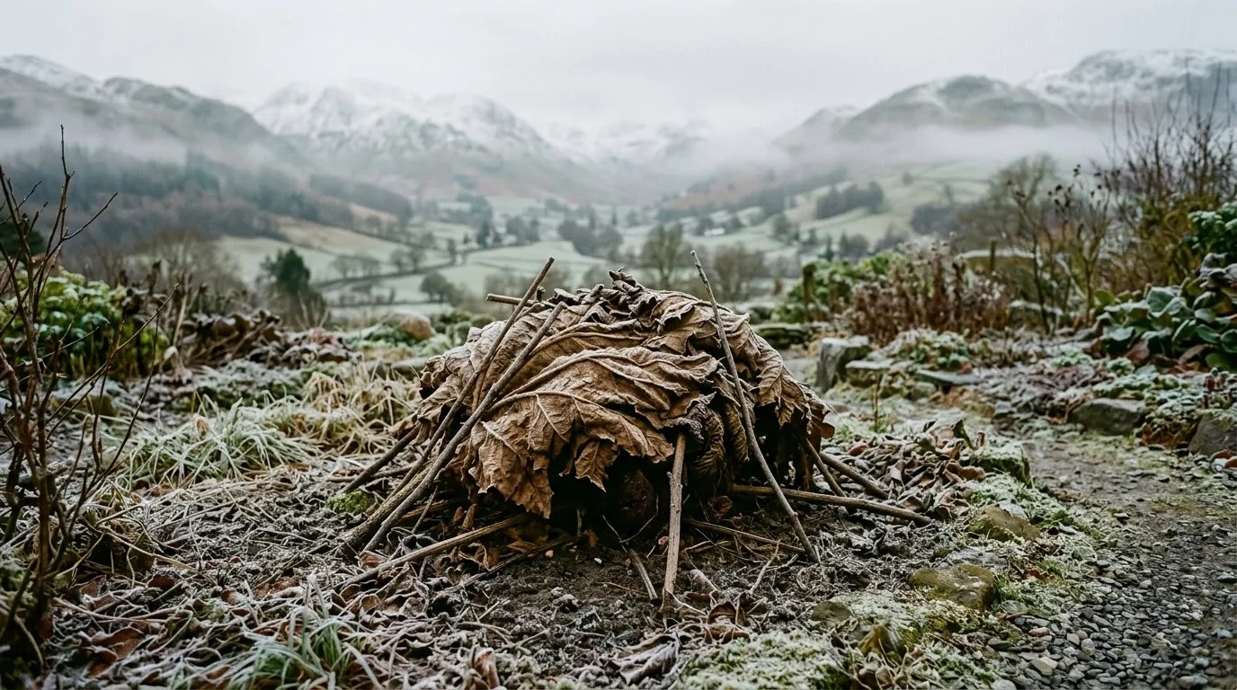 Winter gunnera crown with old leaves folded over the crown for frost protection in a Lake District garden