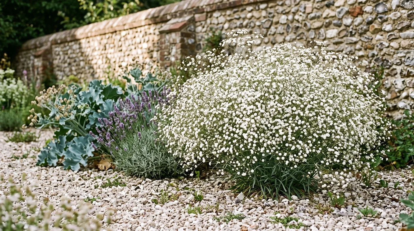 Cloud of white gypsophila Bristol Fairy flowering in a sunny gravel garden on chalky soil