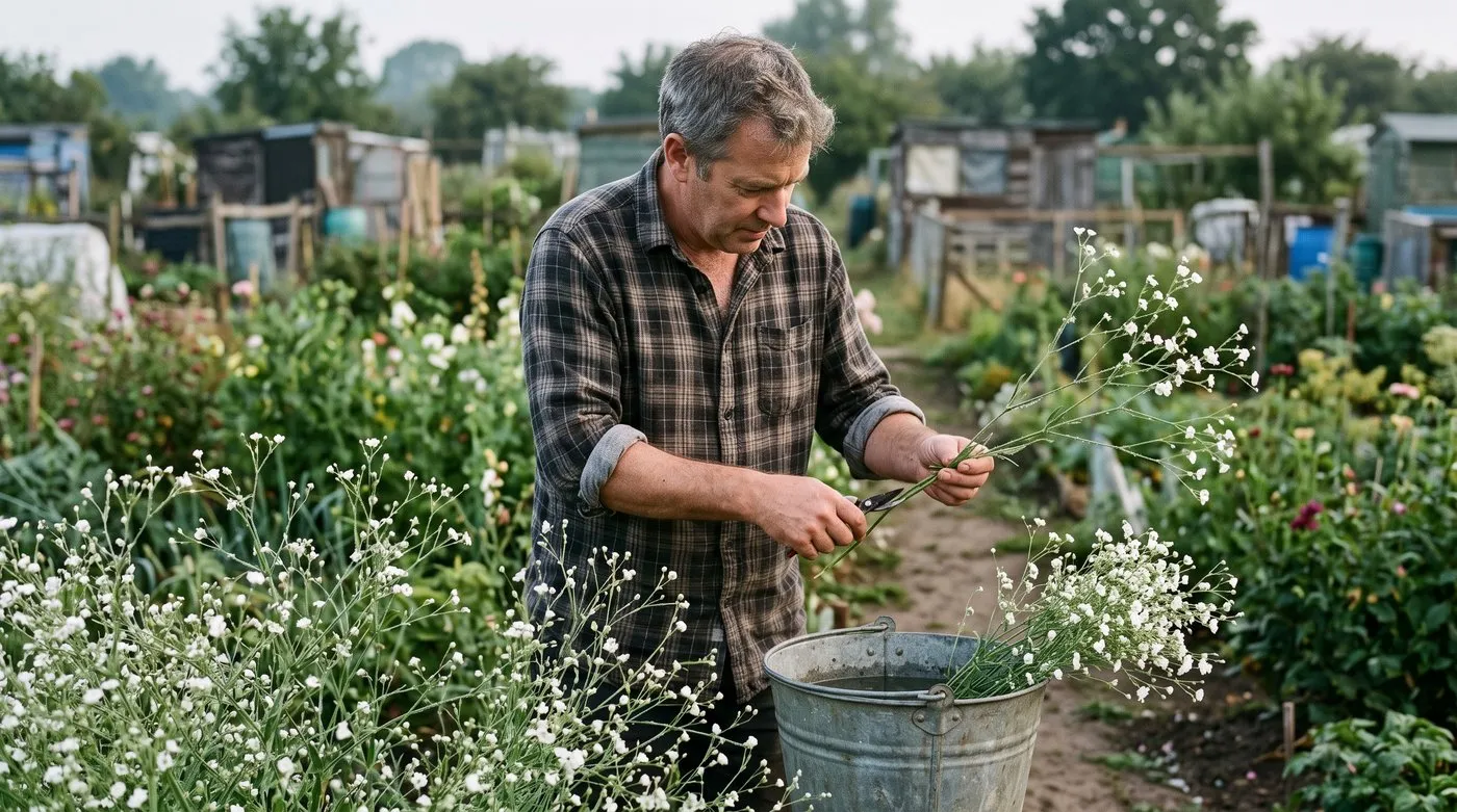 Man cutting stems of white gypsophila into a bucket of water early in the morning