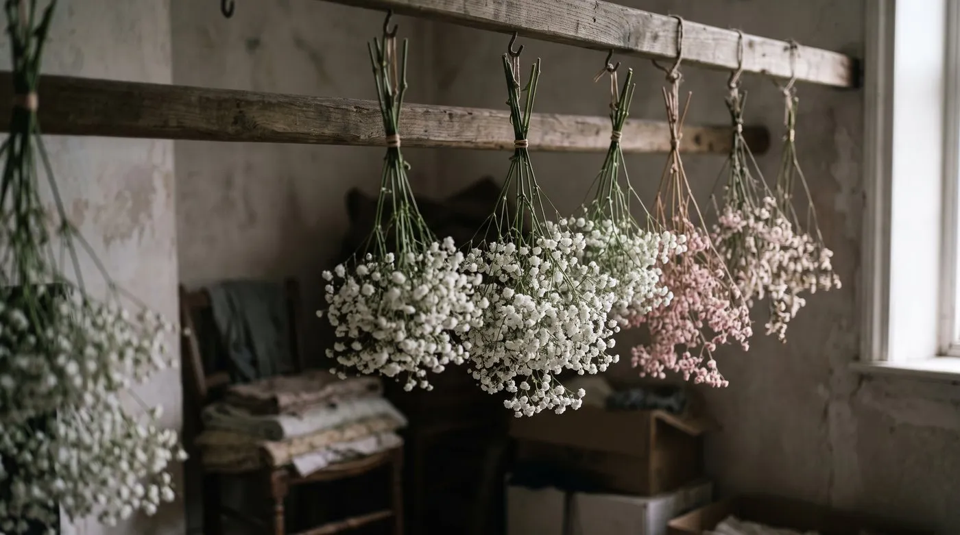 Small bunches of white gypsophila hanging upside down to dry in a dim, airy room