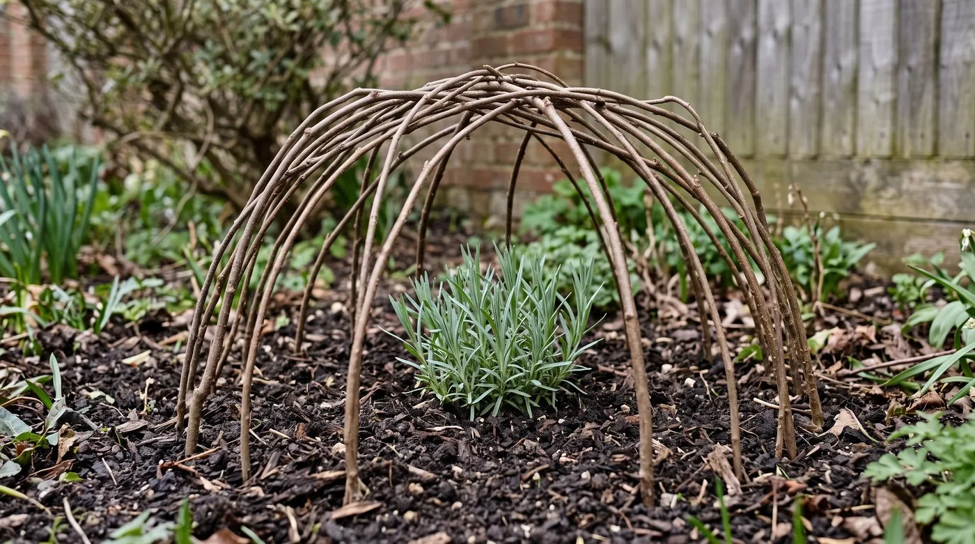 Ring of twiggy hazel pea sticks around a young gypsophila clump in spring
