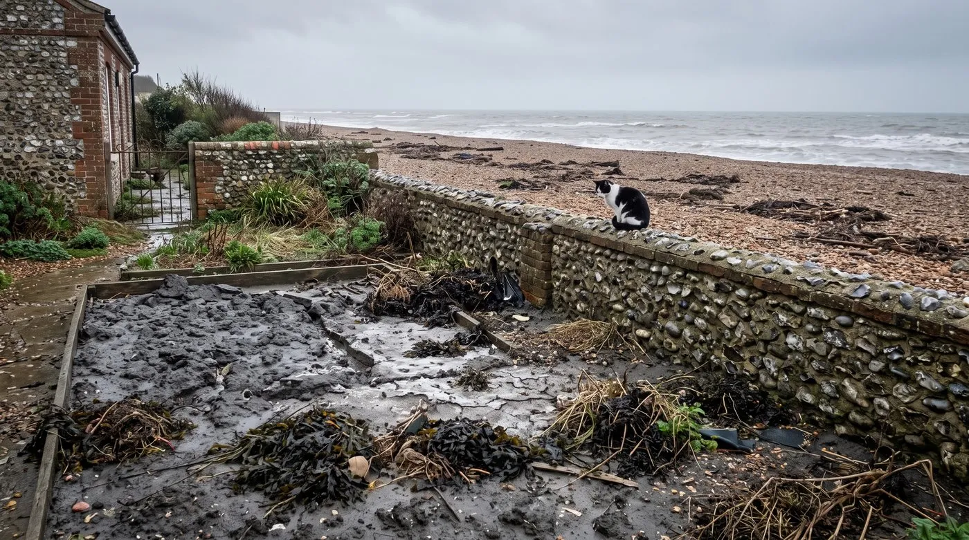 Coastal vegetable bed with slumped, salt-crusted soil after seawater flooding, with the sea behind
