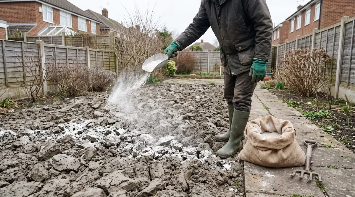 Gardener scattering white gypsum powder over heavy grey clay soil in a back garden bed