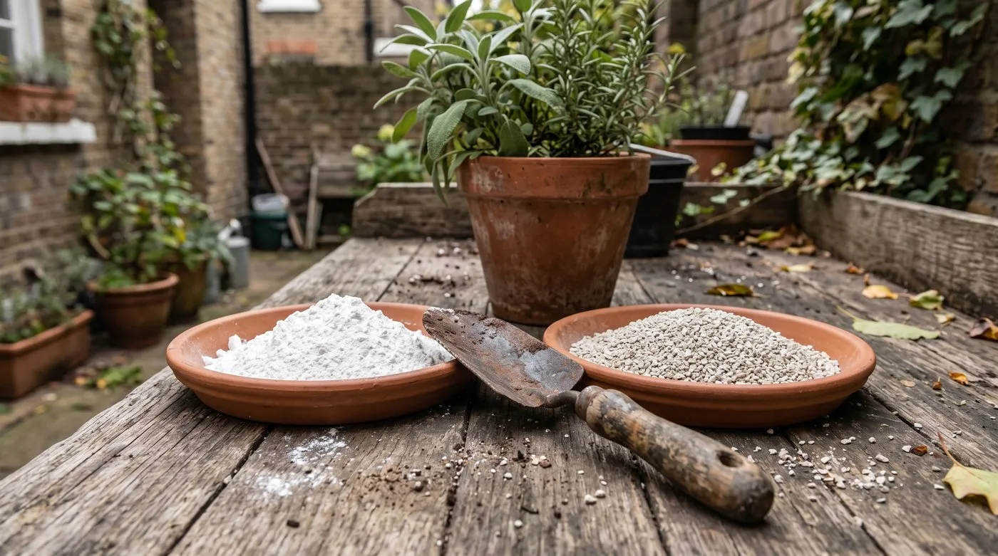 Saucers of white gypsum powder and pale ground limestone side by side on a potting bench