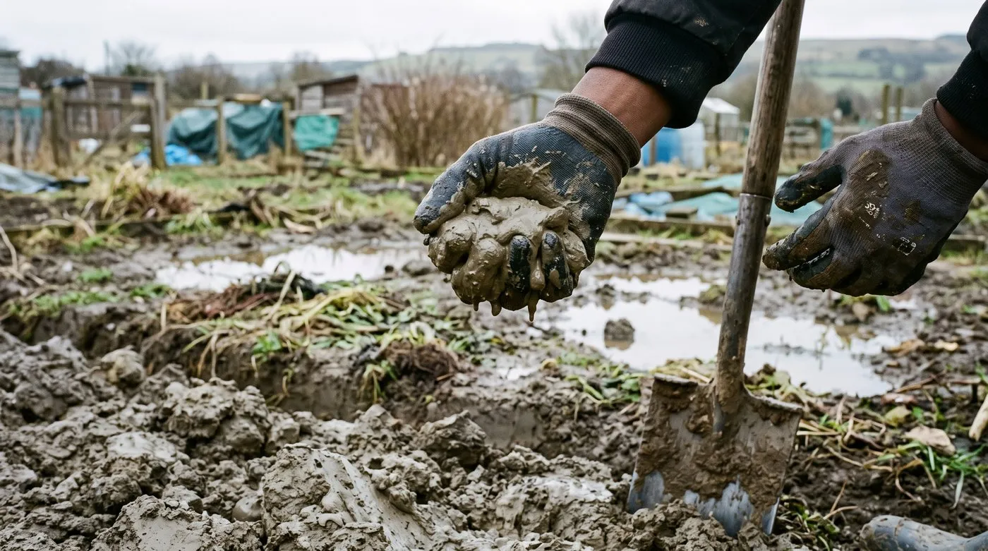 Gloved hand holding a dripping lump of wet sticky clay soil beside a spade on a waterlogged allotment