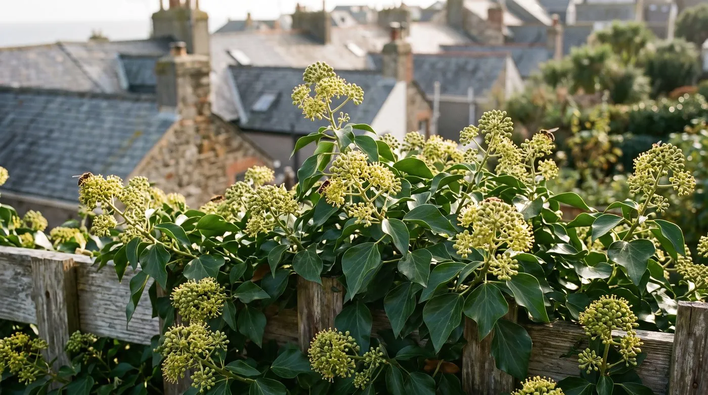Flowering ivy covering a garden fence with clusters of greenish-yellow flowers in autumn sunshine