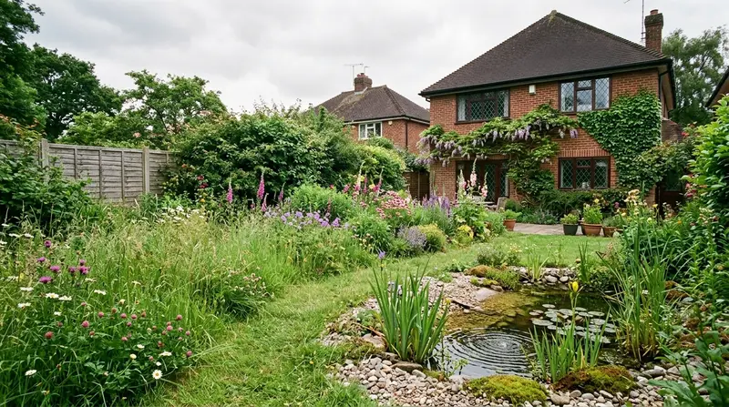 Wildlife garden design with pond, long grass and native border supporting habitat in a Surrey suburban garden