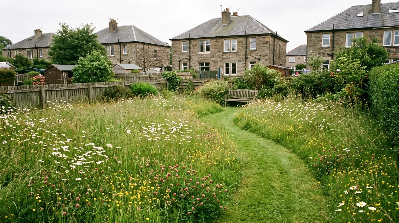 Mown path curving through a patch of long grass with ox-eye daisies and clover in a back garden