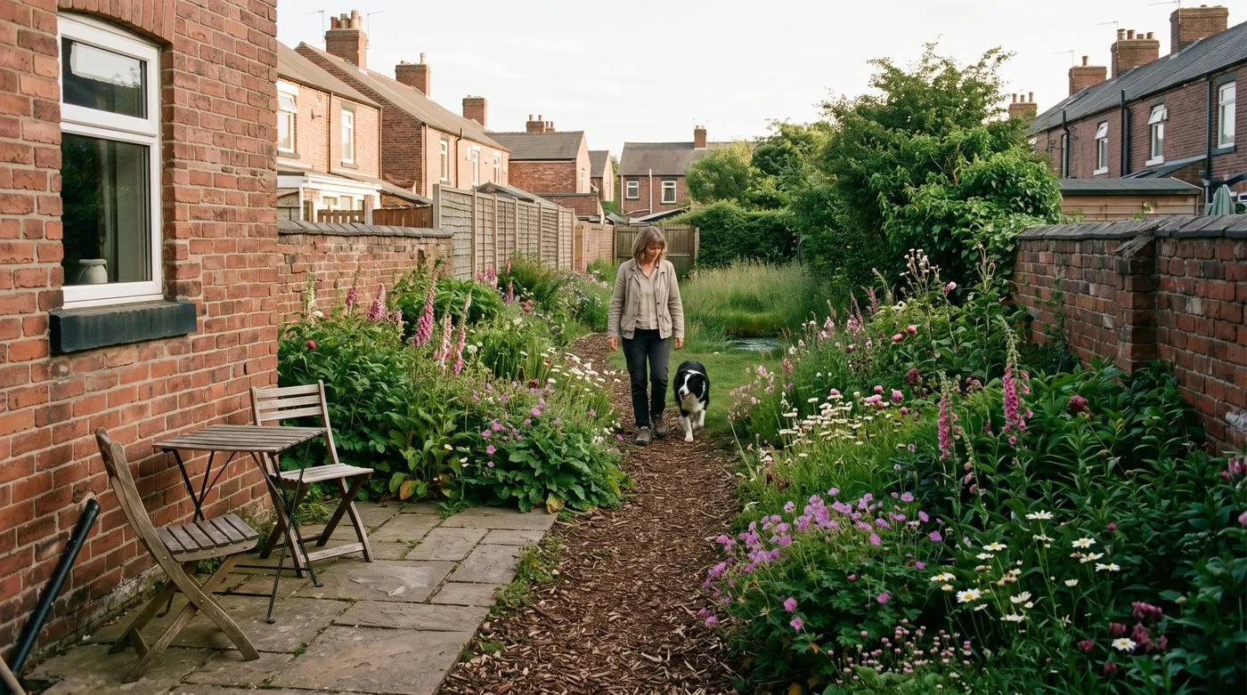 Woman and her dog on a bark path between flower borders leading to a wild end with long grass and a hedge