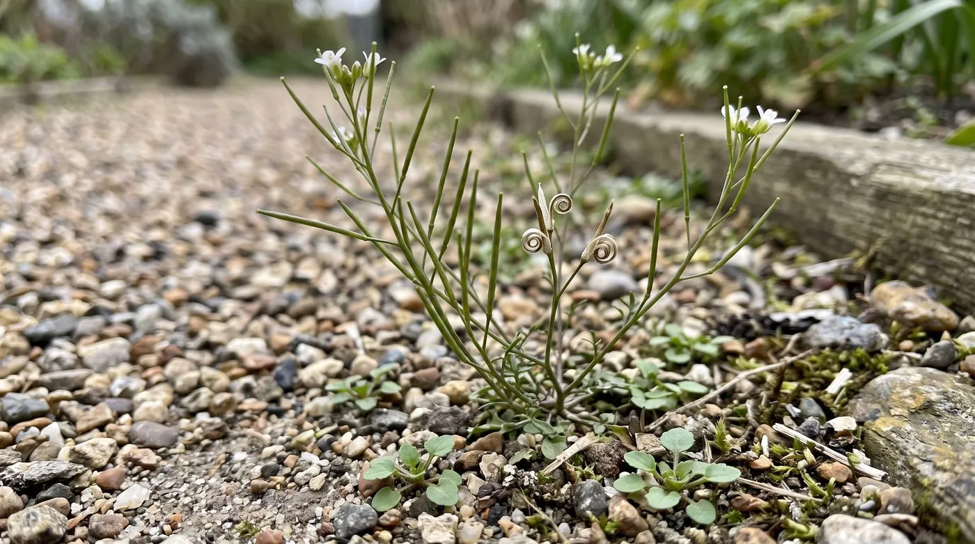 Hairy bittercress with thin upright seed pods and spent pods curled back after flinging their seed