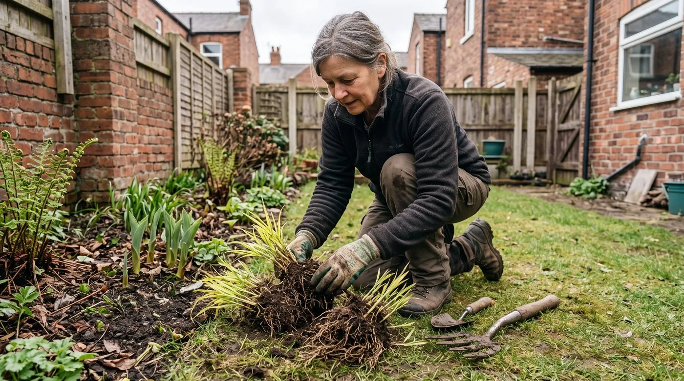 Gloved hands pulling a lifted clump of golden hakonechloa into pieces in spring, with new shoots on each