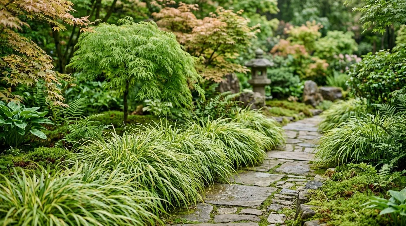 Hakonechloa macra lining a stone path in a UK Japanese-style garden with moss and acers in soft morning light