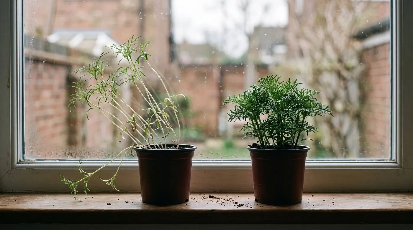 Leggy, floppy cosmos seedlings sown too early beside short, sturdy half-hardy annual seedlings