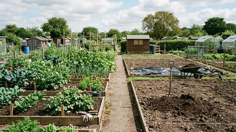UK allotment plot with a clear divider down the middle separating two halves with one side cultivated raised beds and the