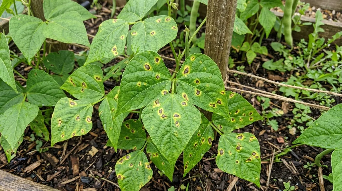 Halo blight spots with pale yellow rings on bean leaves