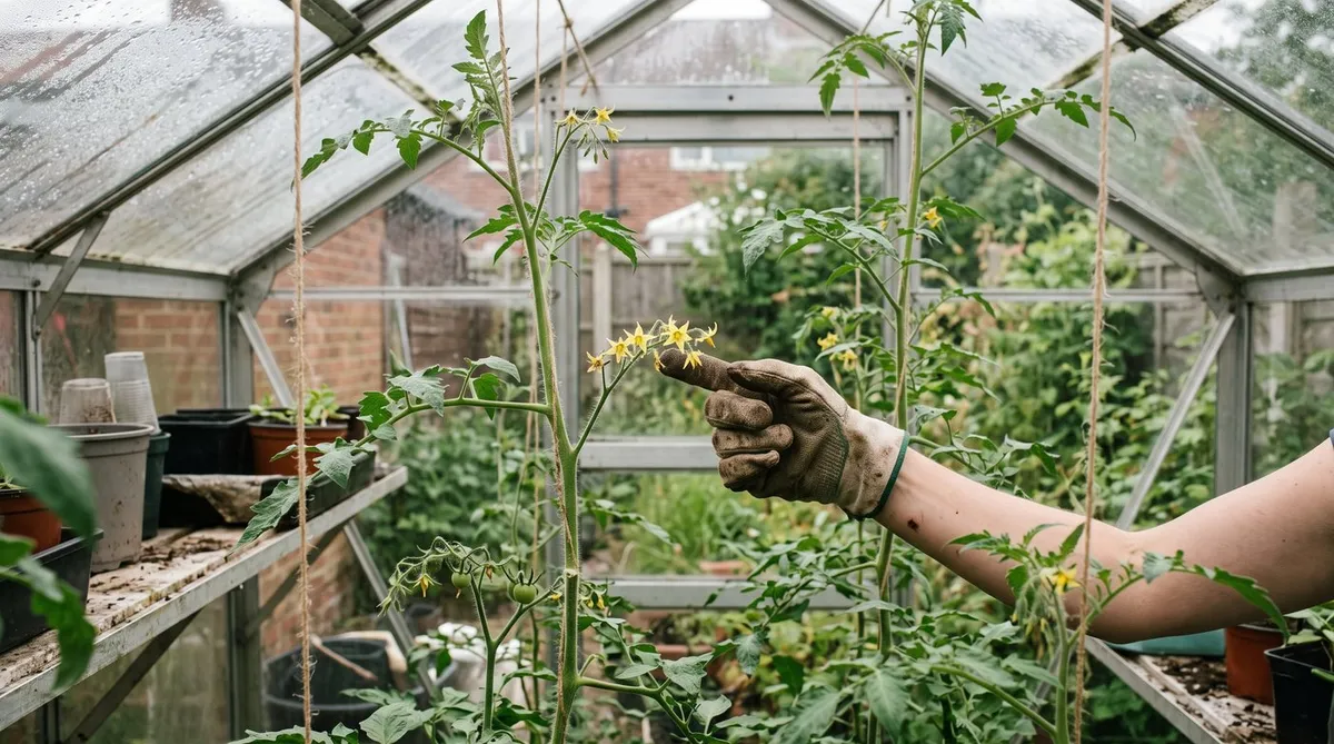 Gloved hand flicking a truss of yellow tomato flowers in a greenhouse to help them pollinate