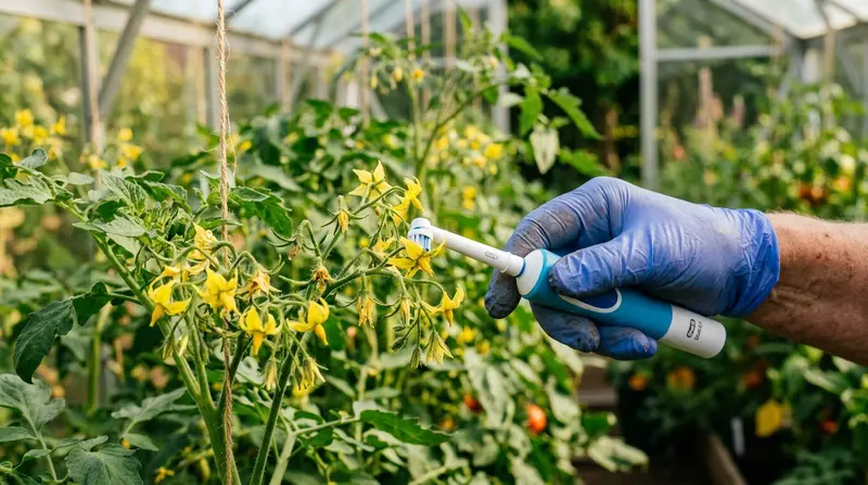 Gardener using a small vibrating tool at the back of a tomato truss to hand pollinate flowers in a UK greenhouse