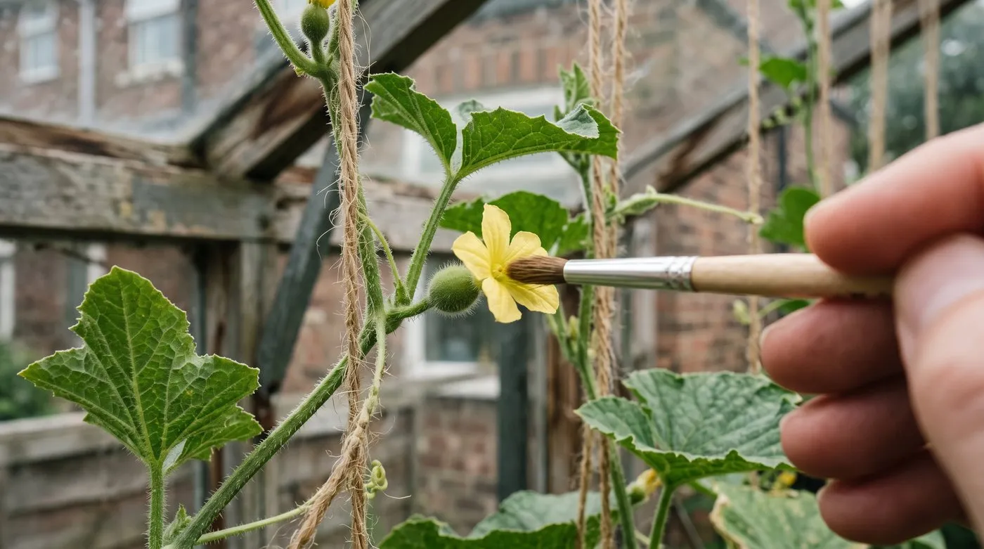 Soft paintbrush touching a small yellow female melon flower with a tiny fruit behind it