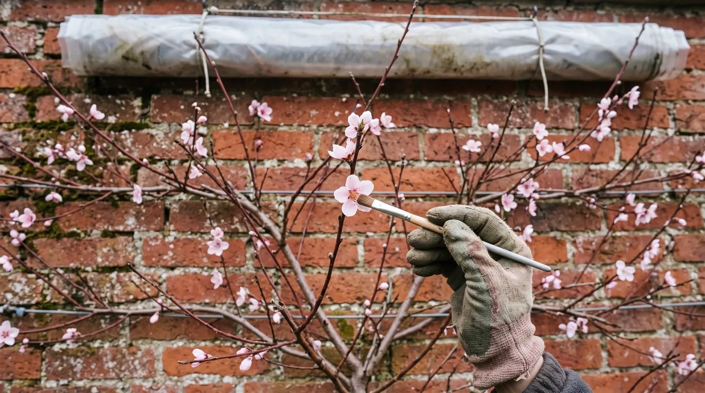Gloved hand brushing pale pink peach blossom on a fan-trained tree against a brick wall