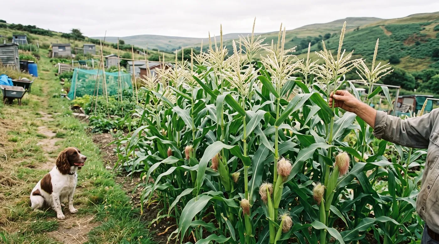 Block of sweetcorn plants with tassels and silks on an allotment, with a dog on the path