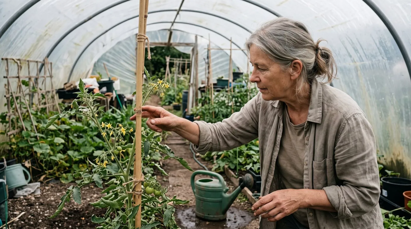 Woman tapping the cane of a flowering tomato plant in a polytunnel