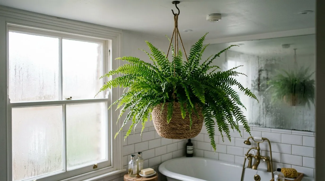 Hanging houseplant Boston fern in a woven basket suspended in a UK bathroom