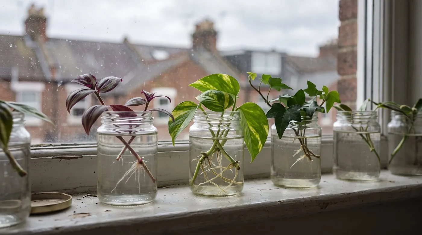 Tradescantia, pothos and ivy cuttings rooting in jars of water on a bright windowsill