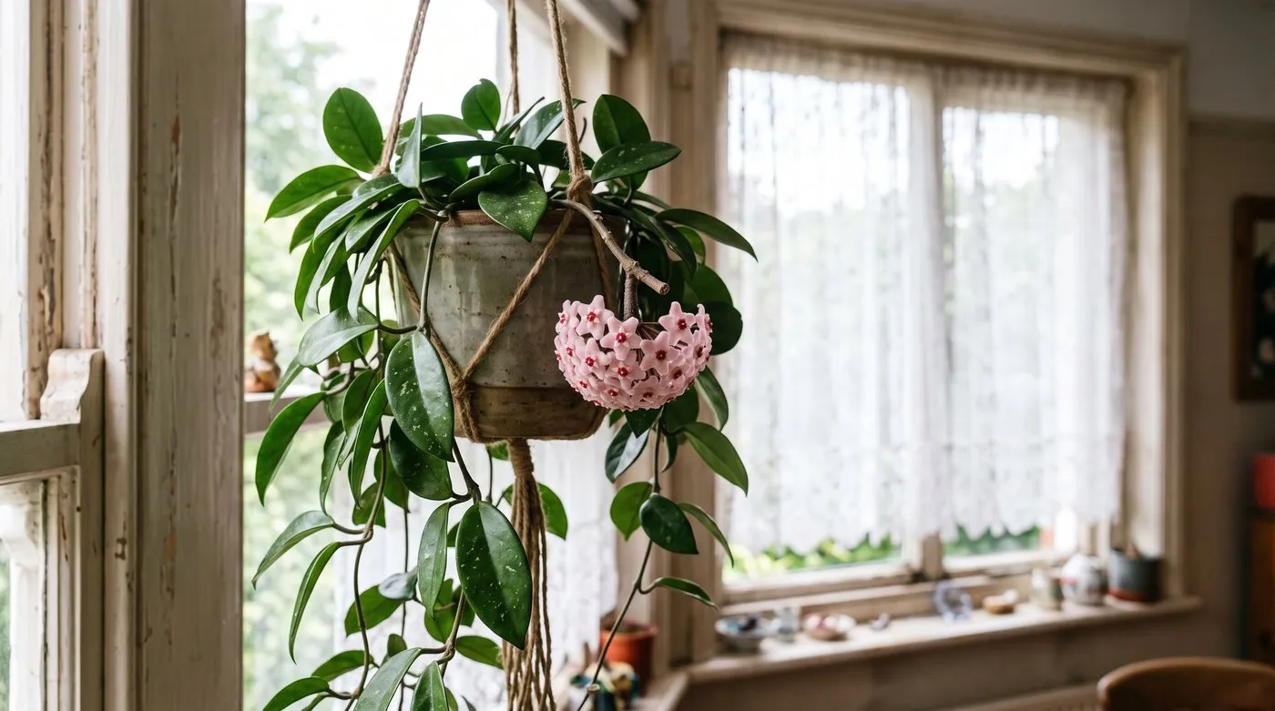 Hoya hanging houseplant with a round cluster of waxy pink star-shaped flowers on a short spur