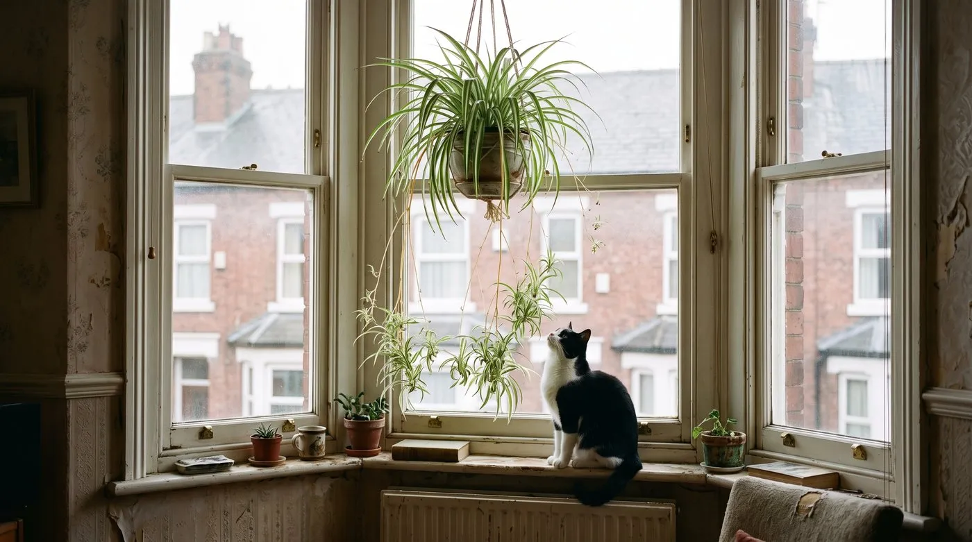 Spider plant in a hanging pot with dangling baby plants above a cat on the windowsill