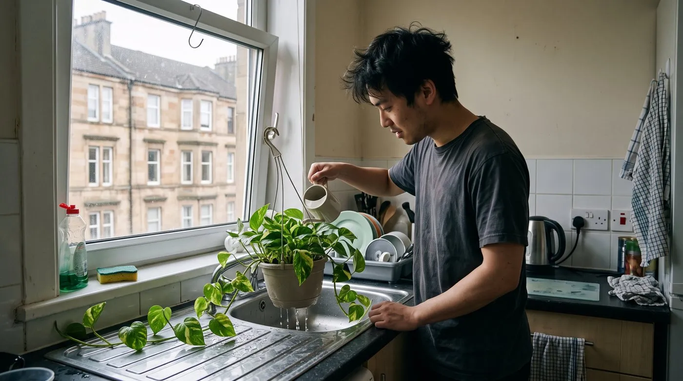 Young man watering a trailing pothos hanging plant in the kitchen sink until water drains through