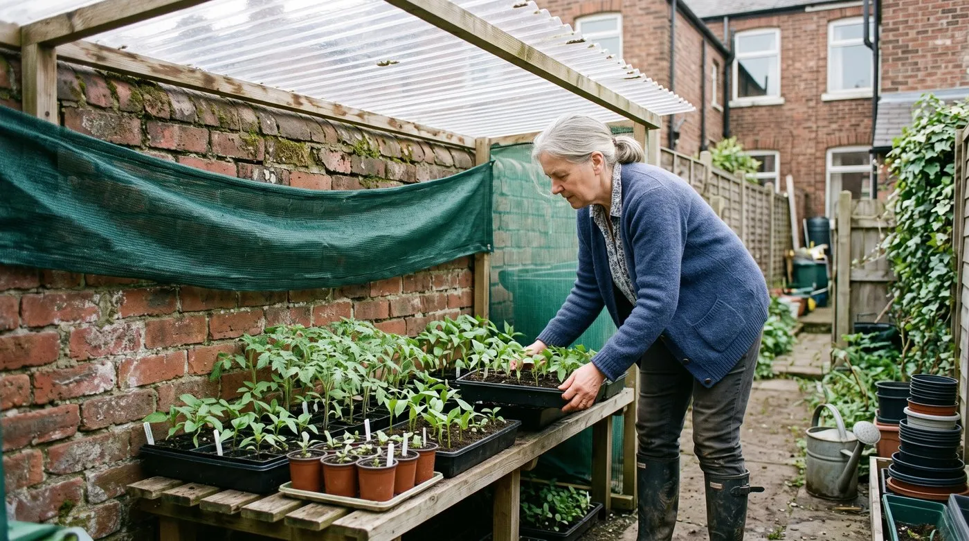 Gardener setting seedling trays on a sheltered bench by a sunny wall with a clear plastic roof