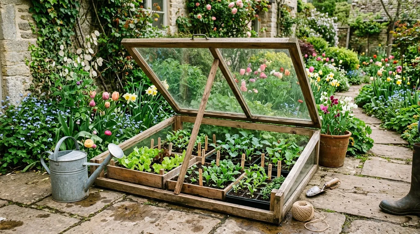 Cold frame with lid propped open showing trays of seedlings being hardened off gradually