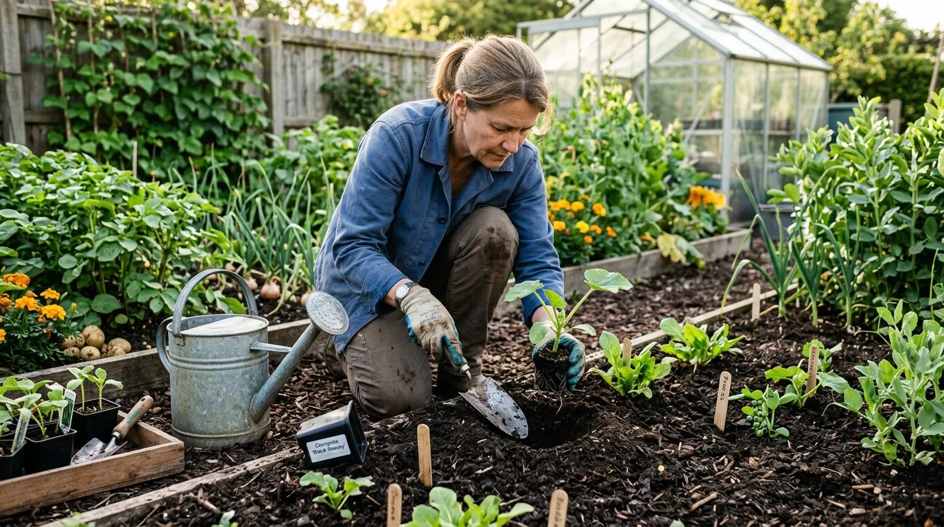 Hardened off seedlings being planted into prepared soil in a vegetable garden